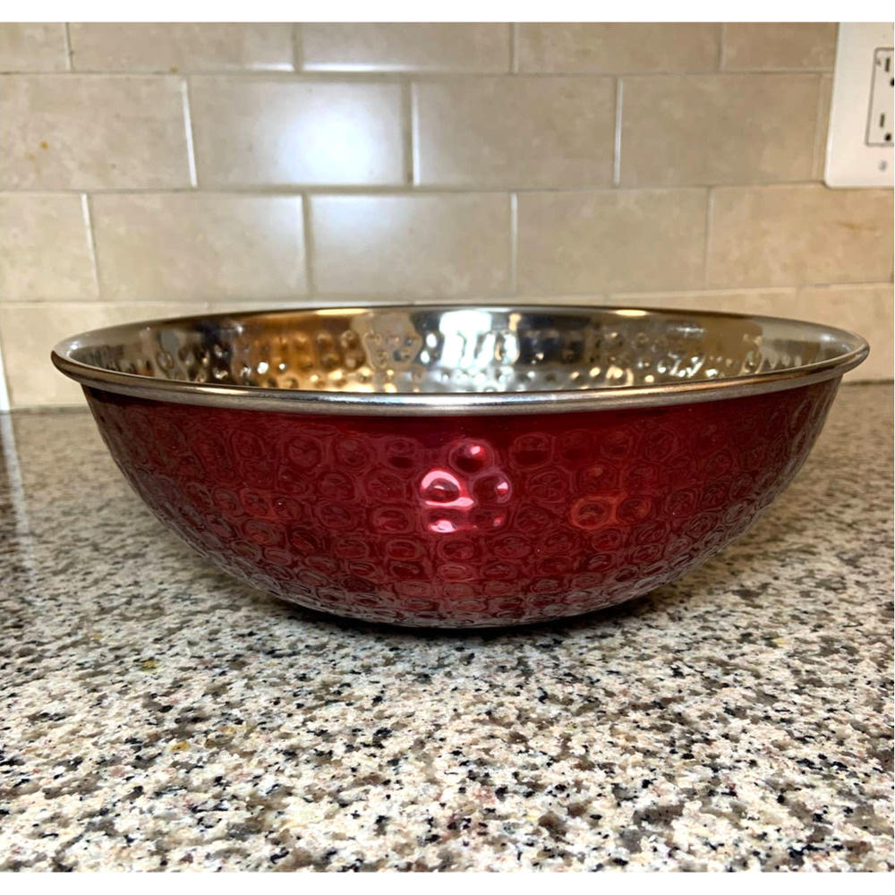 Decorative Round Dimple Hammered Two-Tone Stainless Steel Bowl Red 10" (25.4cm)